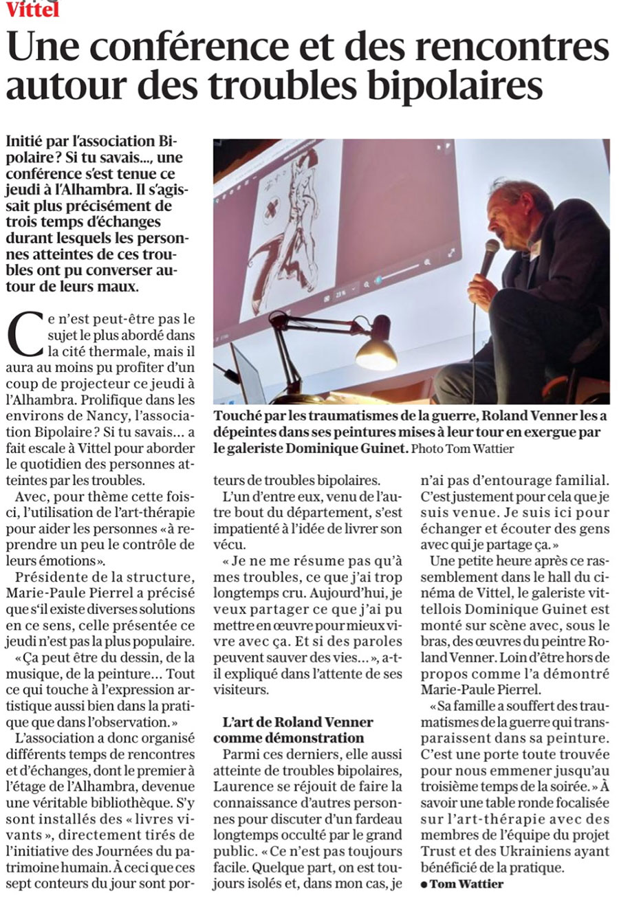 Photocopie d'un article de Vosges Matin d'avril 2026 intitulé "Une conférence et des rencontres autour des troubles bipolaires"