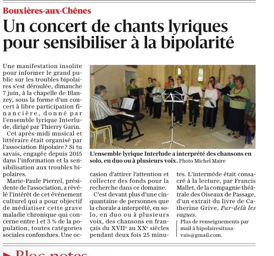 Article de l'Est Républicain du 16 juin 2026 sur le concert de l'Ensemble Lyrique Interlude du 7 juin